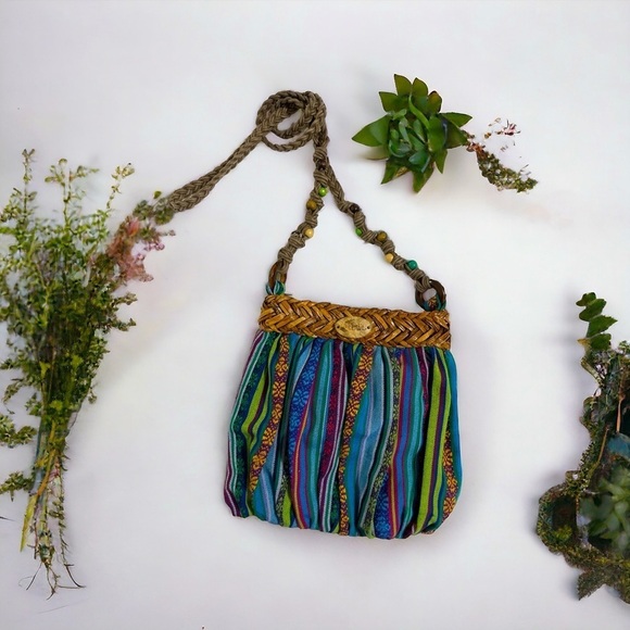 Cappelli Straworld Fabric Bottom Crossbody.  Purse Striped Print Beaded. - Picture 1 of 9